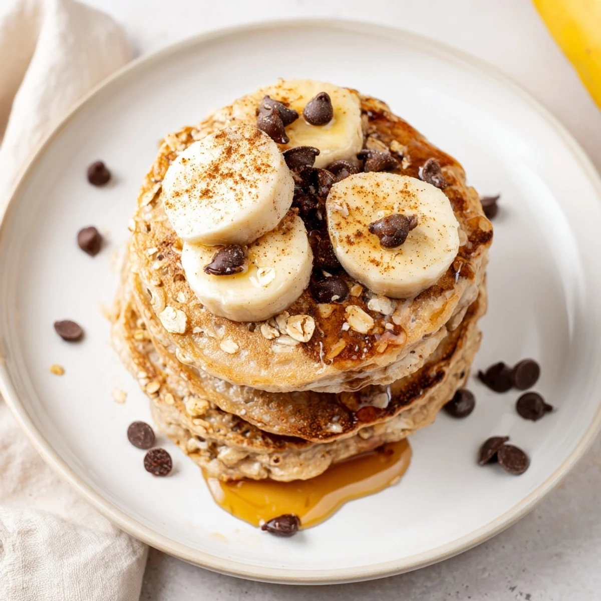 Warm Protein Banana Pancakes on griddle, fluffy texture, ready for berries