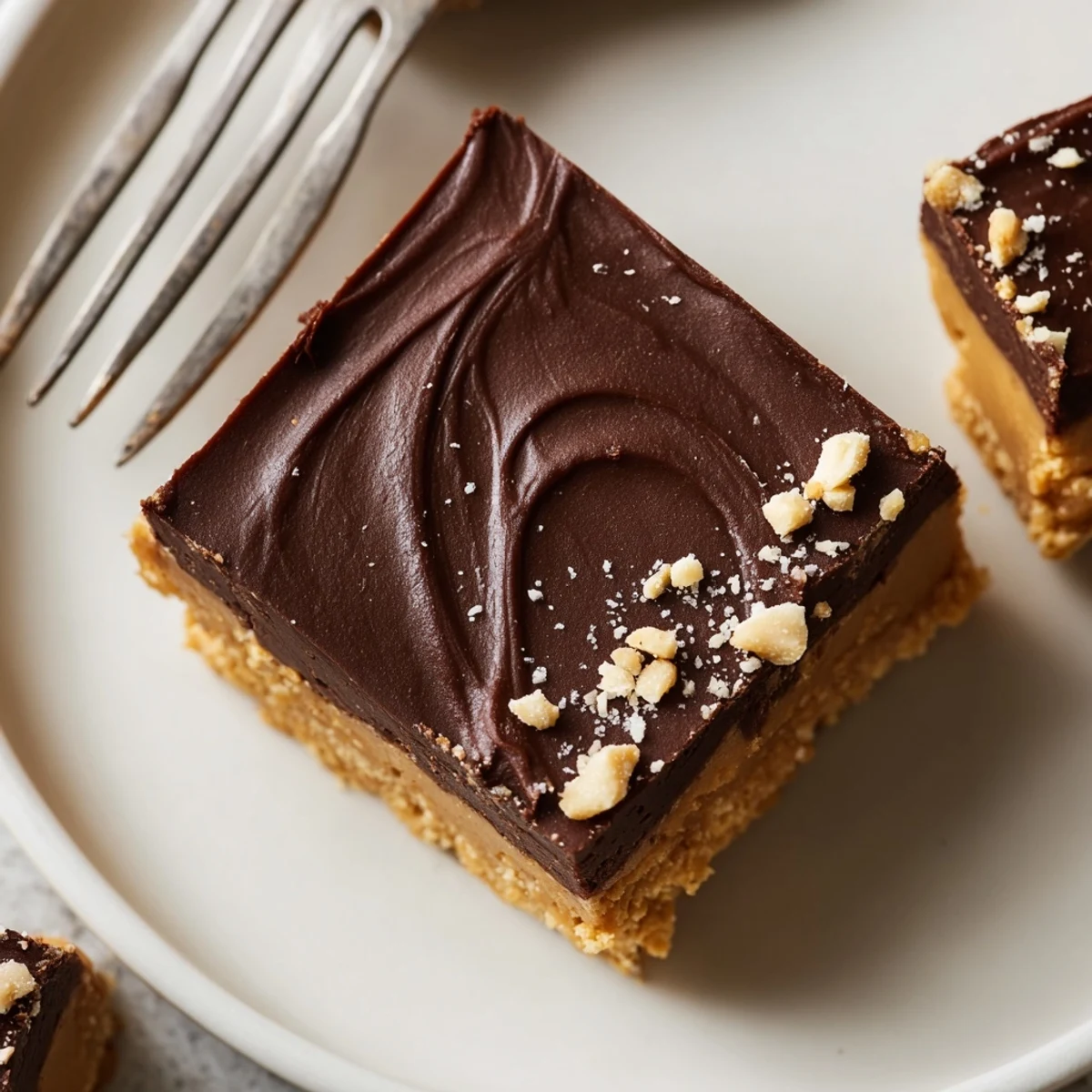 Peanut Butter Bars sliced on parchment, glossy chocolate topping, chewy peanut base