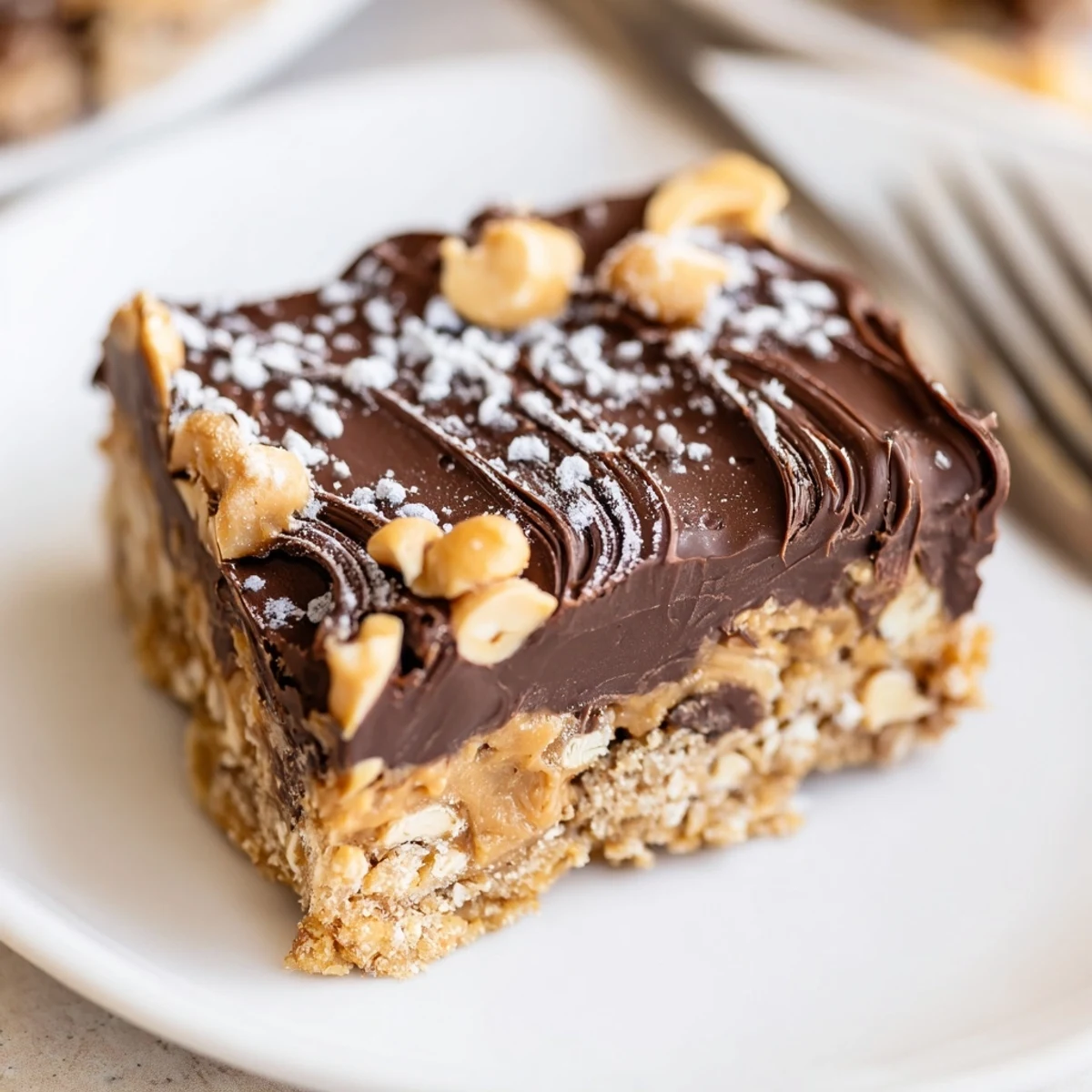 Stacked Peanut Butter Bars with melting chocolate drizzle, perfect after-school snack
