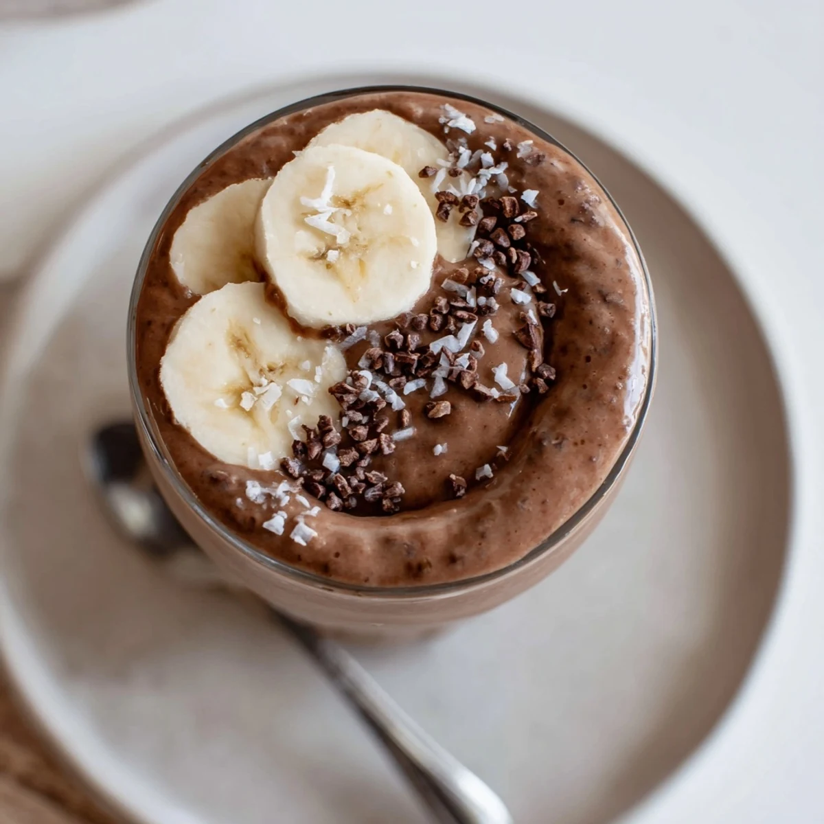 Creamy Raw Chocolate Banana Shake in glasses, topped with sliced banana