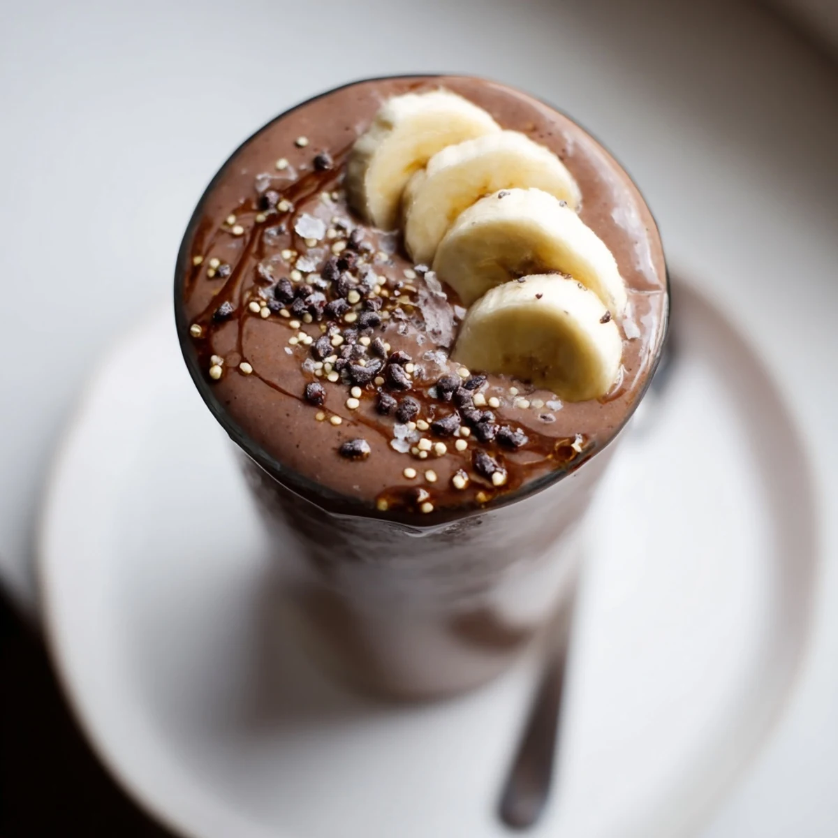 Thick Raw Chocolate Banana Shake poured from blender, fragrant with ripe banana