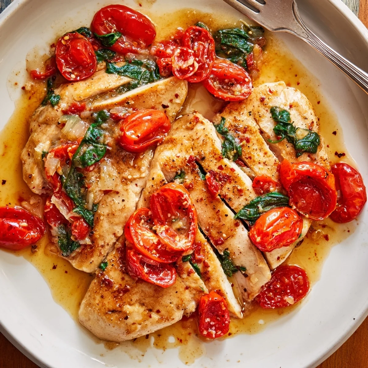 Tomato Spinach White Wine Chicken sizzling in skillet, juicy tomatoes and wilted spinach.