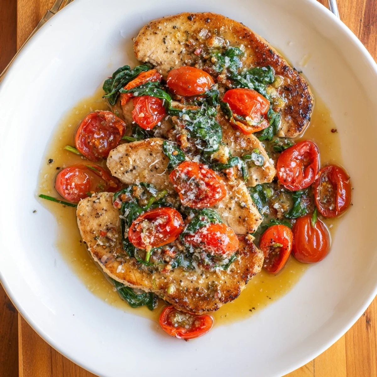 Plated Tomato Spinach White Wine Chicken with crusty bread, aromatic garlic sauce.