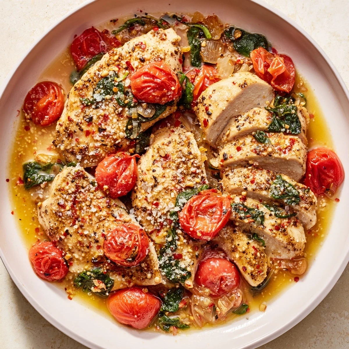 Close-up of Tomato Spinach White Wine Chicken, tender breasts bathing in glossy sauce.