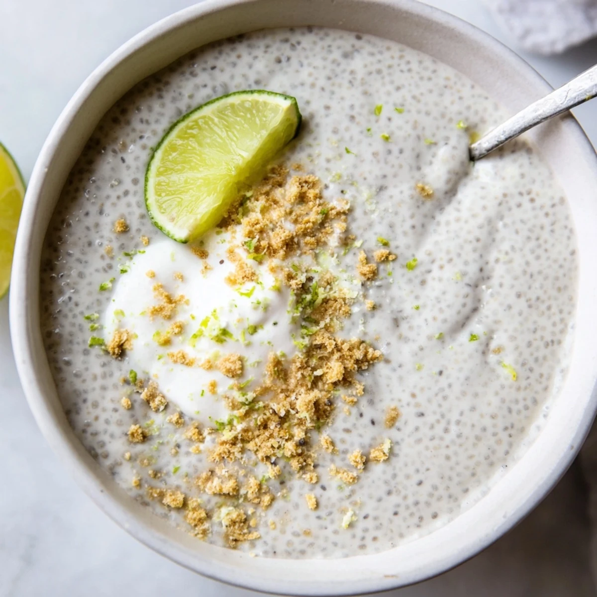 Creamy Key Lime Chia Pudding topped with coconut yogurt and lime zest