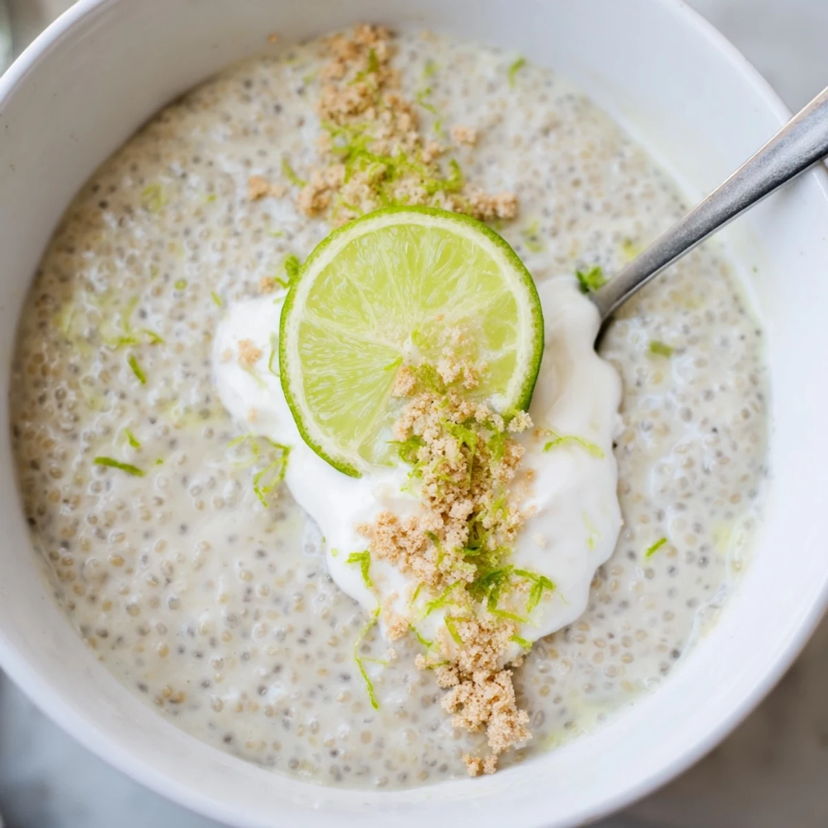Tangy Key Lime Chia Pudding chilled in glasses, garnished with graham crumbs