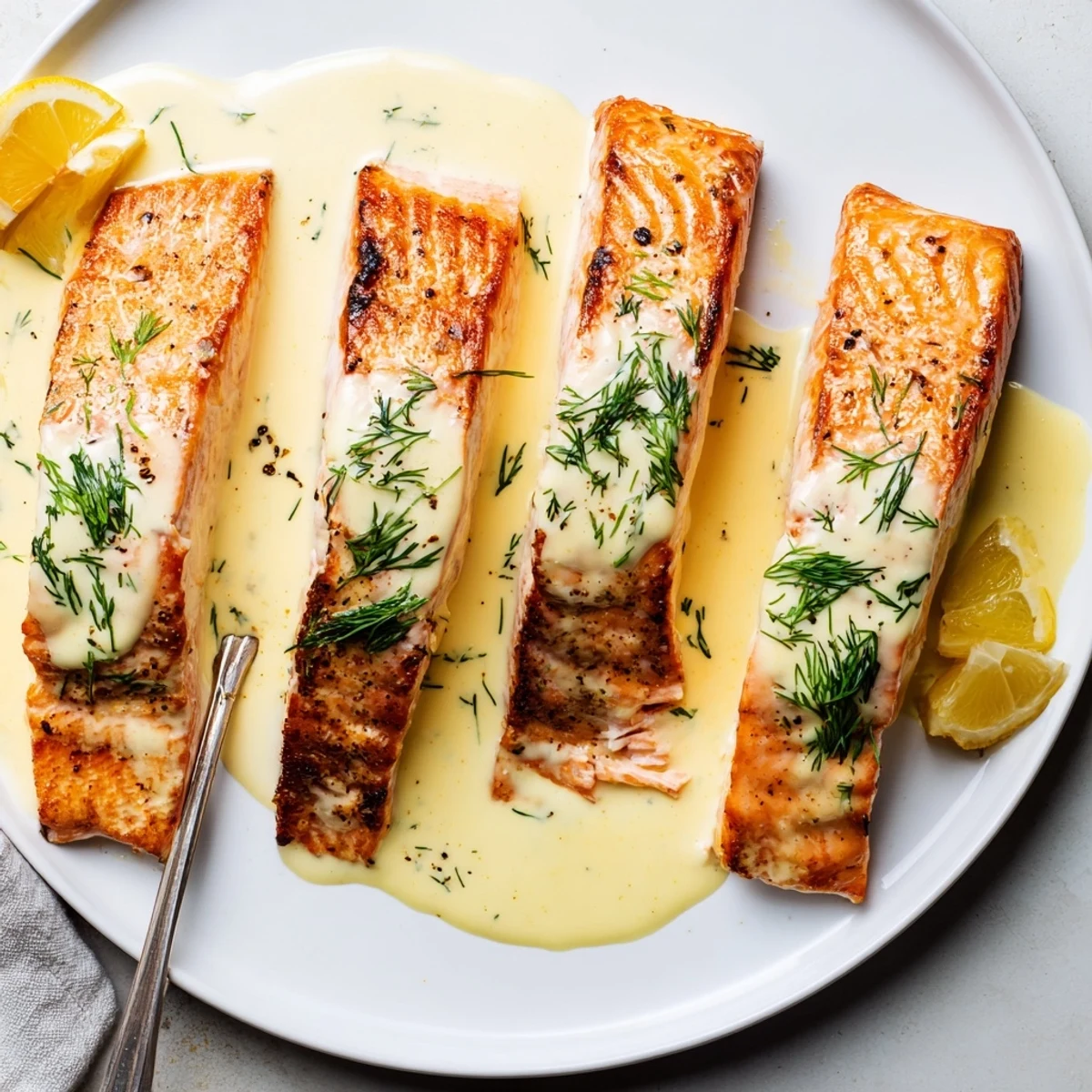 Pan seared Salmon With Lemon Cream Sauce, glossy lemon cream draping fillets