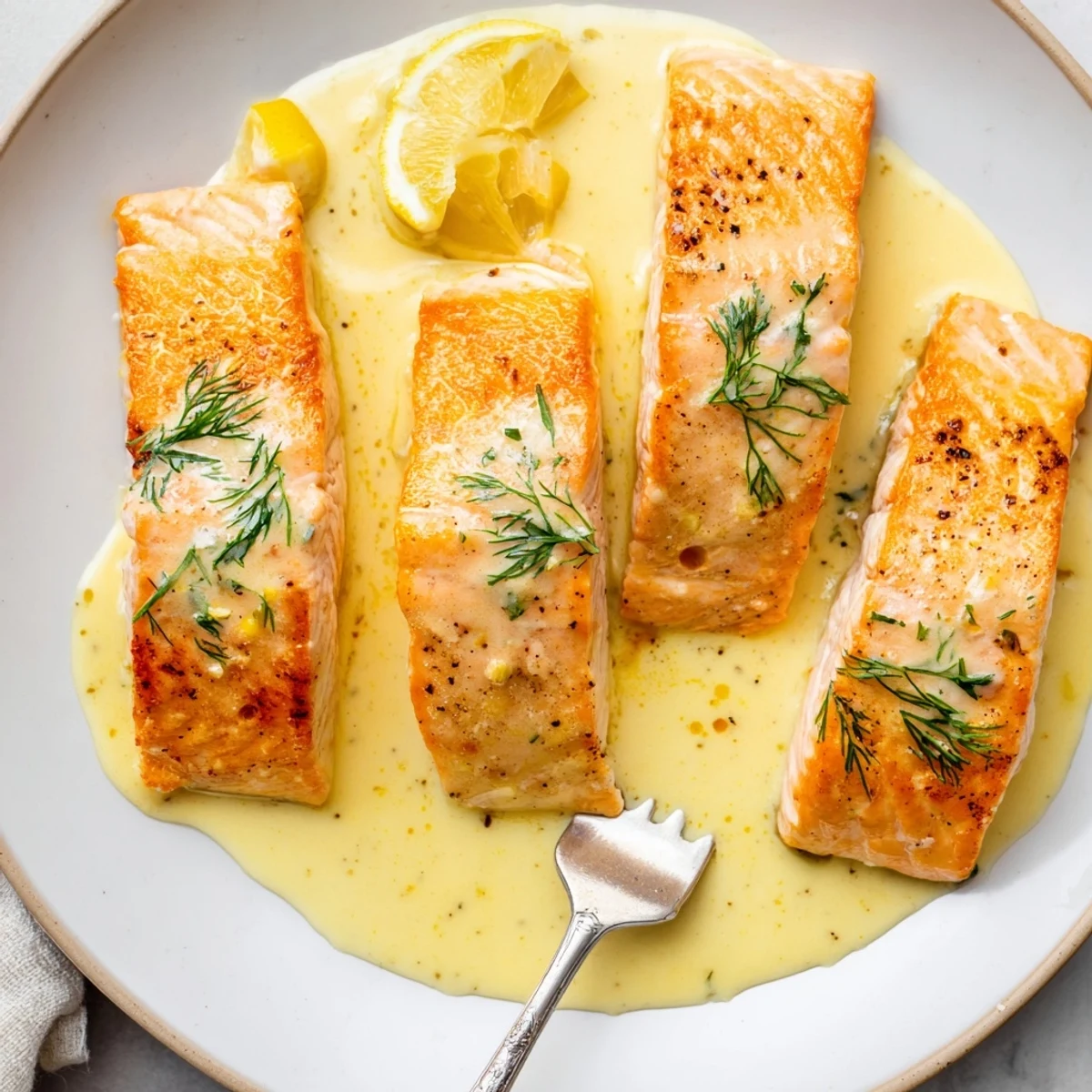 Creamy, zesty Salmon With Lemon Cream Sauce over fluffy rice, lemon wedge