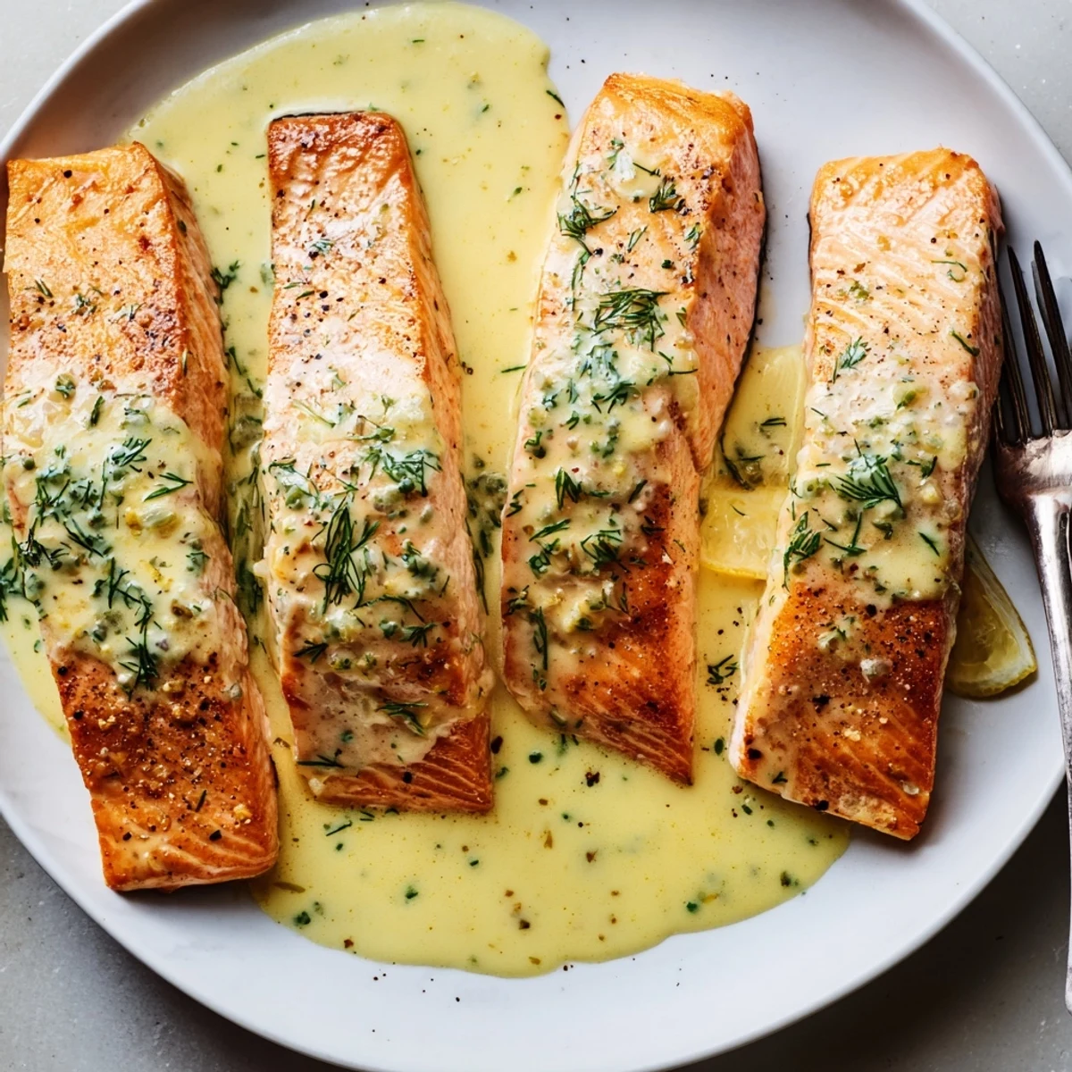 Herb garnished Salmon With Lemon Cream Sauce resting beside roasted potatoes