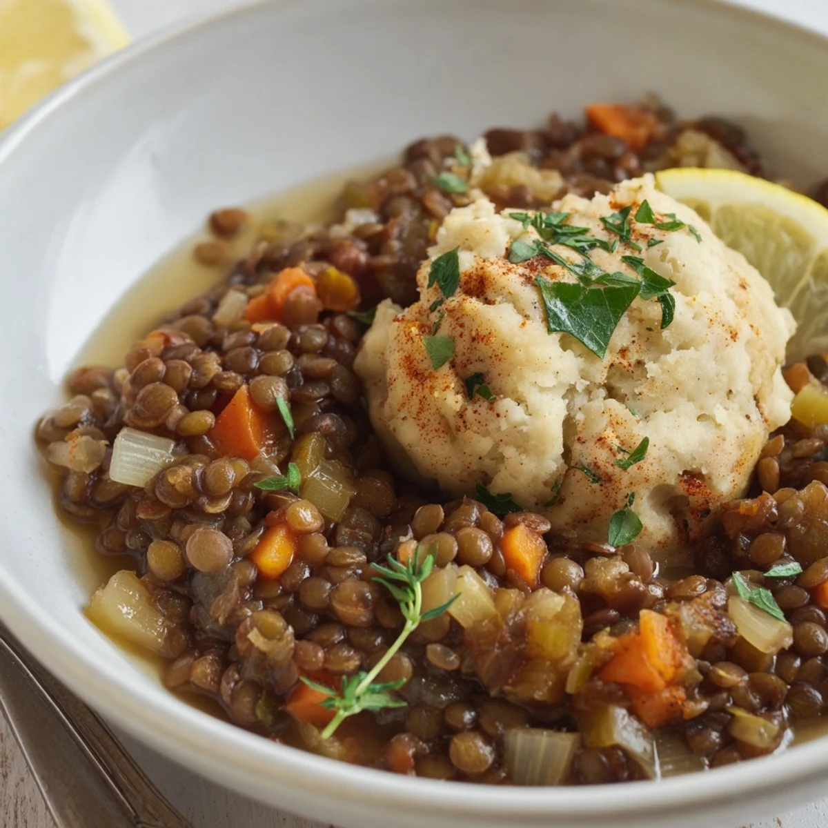 Lentils With Dumplings simmering in savory broth, fluffy dumplings steaming on top