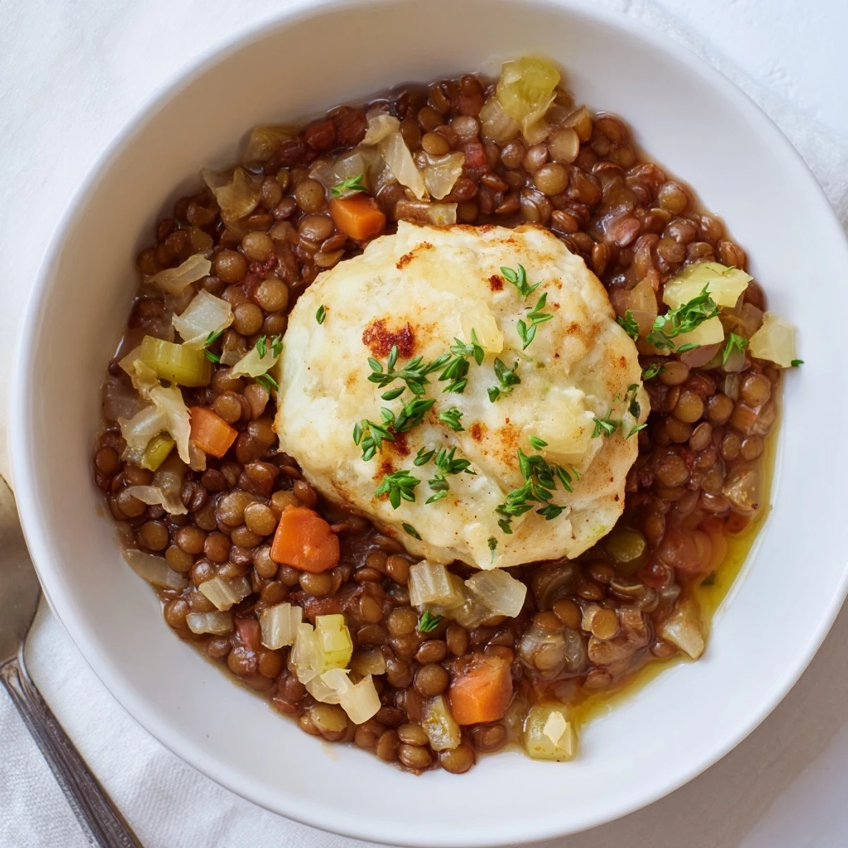 Hearty Lentils With Dumplings served hot with parsley sprinkle and lemon wedge