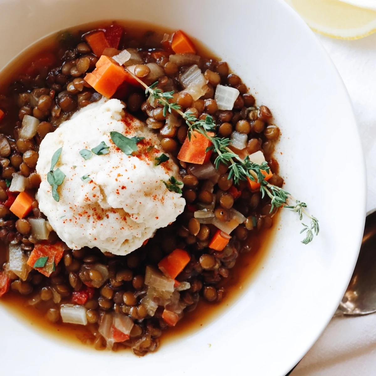 A bowl of Lentils With Dumplings: tender lentils, pillowy dumplings, rustic spoon