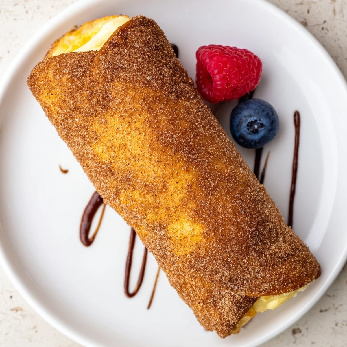 Golden crispy cheesecake chimichangas dusted with cinnamon sugar on a rustic plate