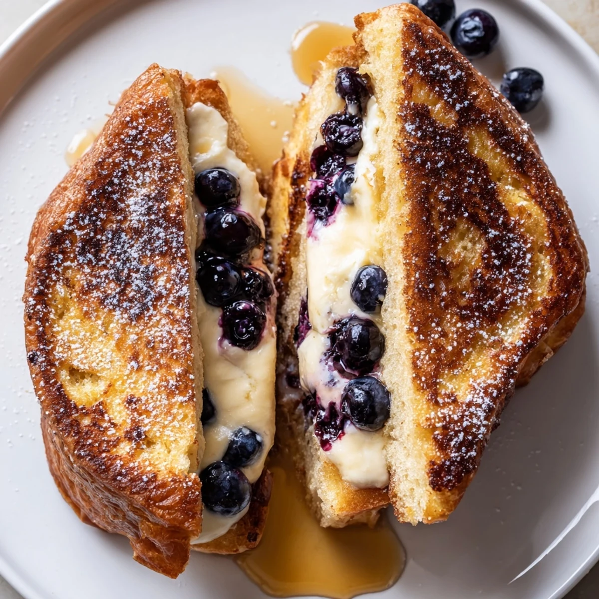 Golden brown blueberry cheesecake stuffed French toast drizzled with maple syrup on a plate