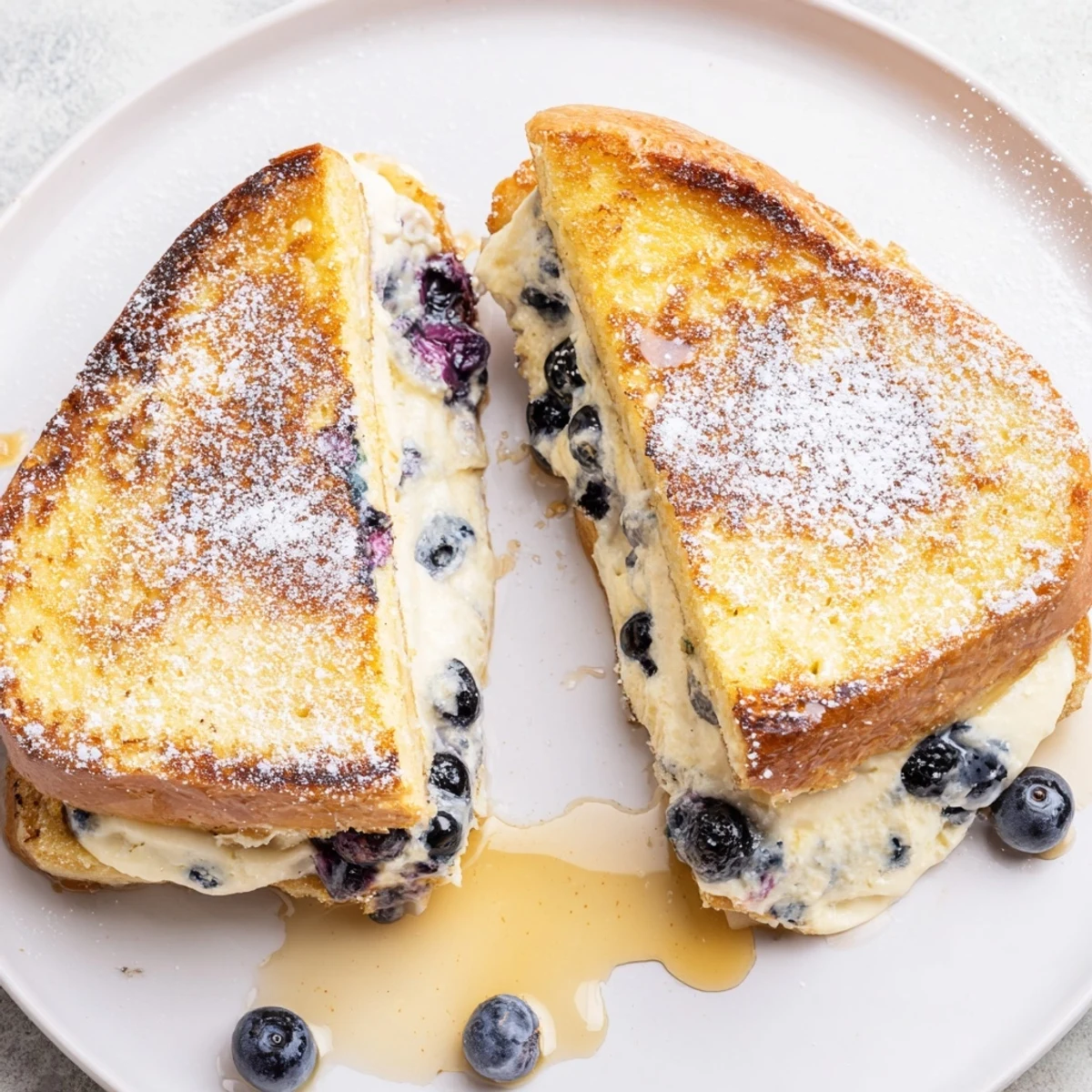 Thick brioche blueberry cheesecake stuffed French toast sizzling in butter on a skillet