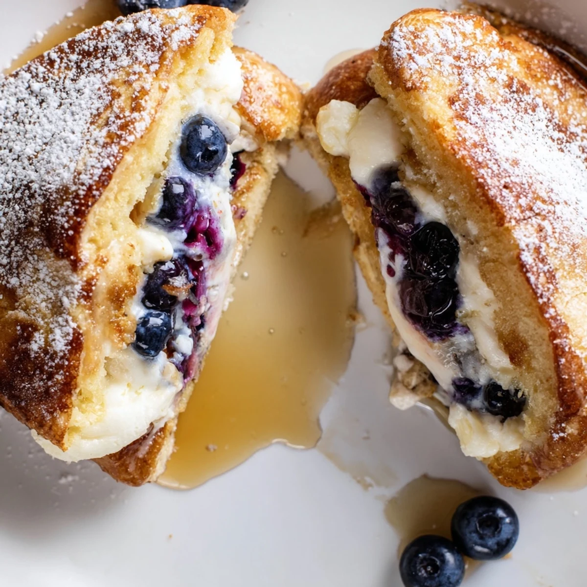 Creamy blueberry cheesecake stuffed French toast topped with fresh berries and powdered sugar
