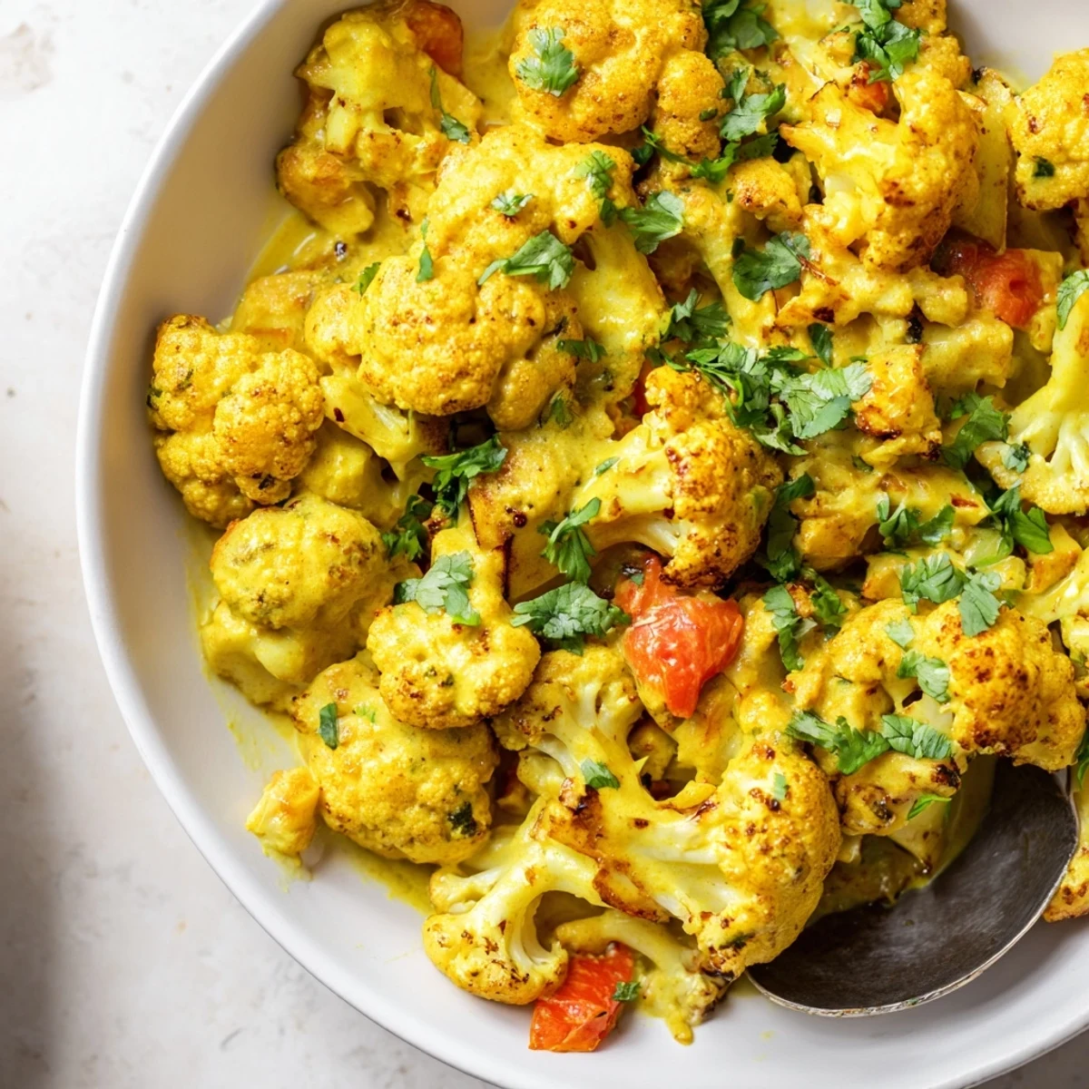 Golden roasted cauliflower simmered in a creamy Greek yogurt cauliflower curry sauce