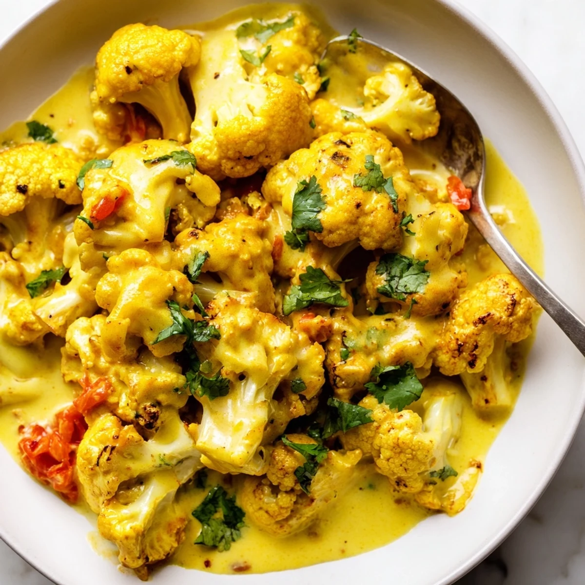 Steaming bowl of Greek yogurt cauliflower curry garnished with fresh green cilantro