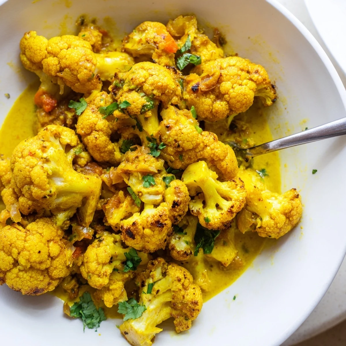 Tender spiced cauliflower florets coated in silky Greek yogurt cauliflower curry