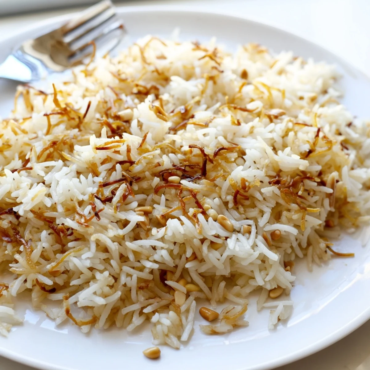 Fluffy Lebanese Rice with golden toasted vermicelli served in a white bowl