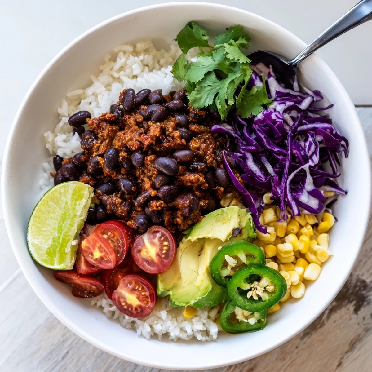 Colorful black bean and rice bowl garnished with lime wedges and shredded cabbage