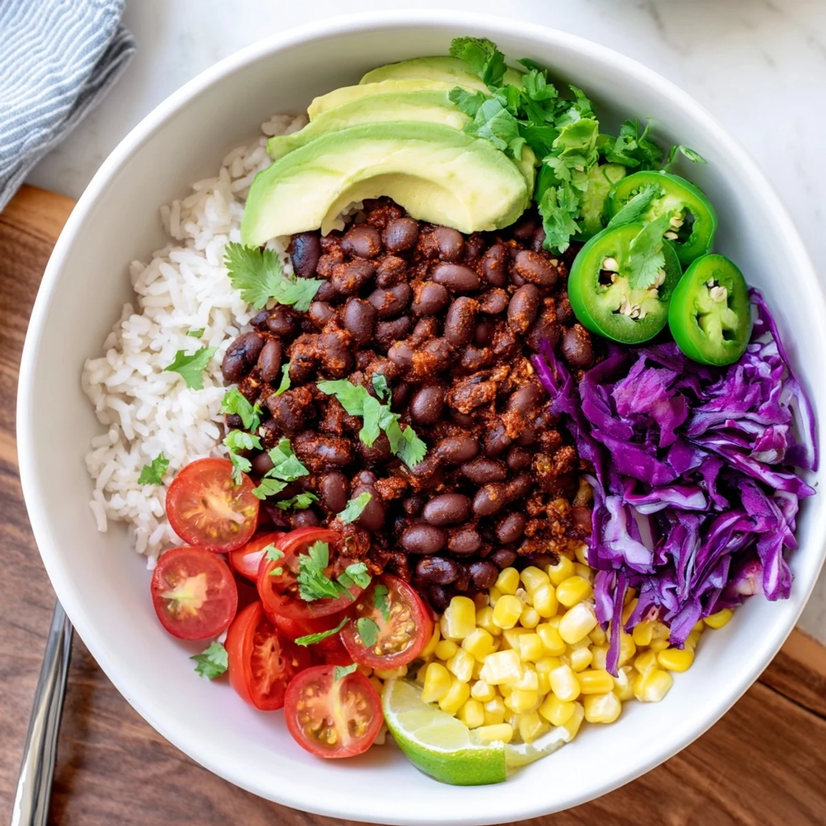 Hearty black bean and rice bowl topped with avocado, tomatoes, and cilantro