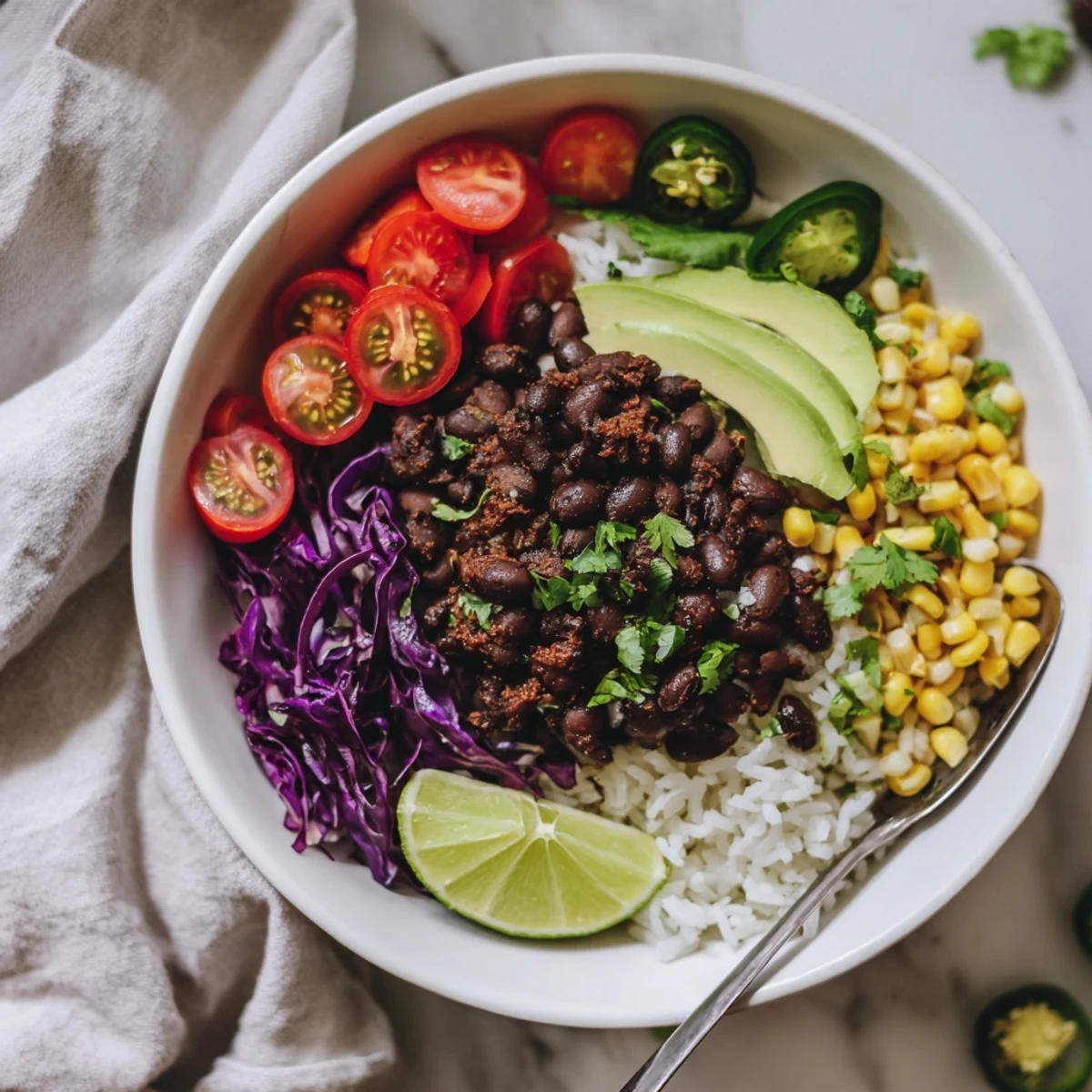 Steaming black bean and rice bowl loaded with fresh vegetables and tender seasoned beans