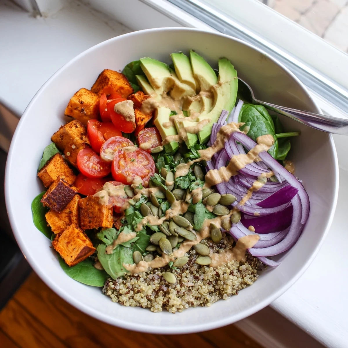 A vibrant Sweet Potato Bowl with roasted cubes, avocado, and tahini drizzle over fresh greens
