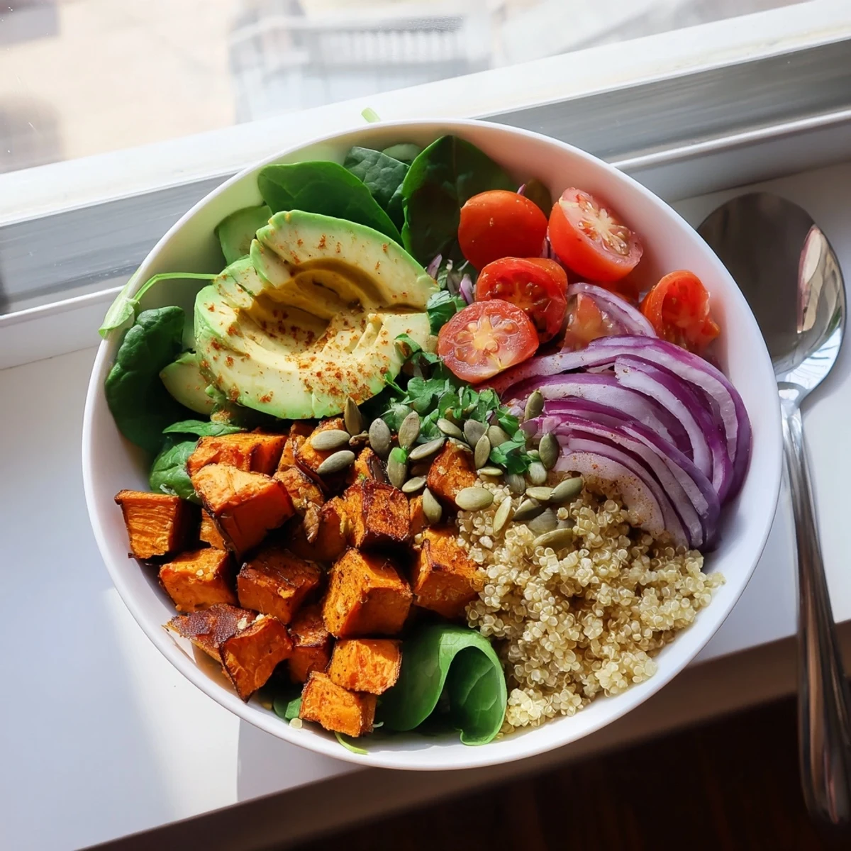 Colorful Sweet Potato Bowl featuring tender spiced potatoes, cherry tomatoes, and creamy tahini dressing