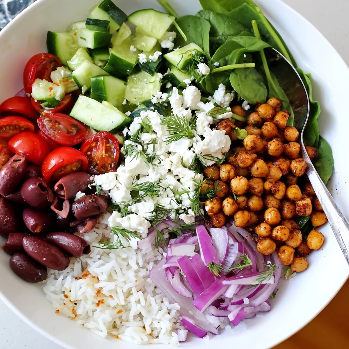 Colorful Mediterranean rice bowl topped with fresh veggies, chickpeas, and crumbled feta cheese