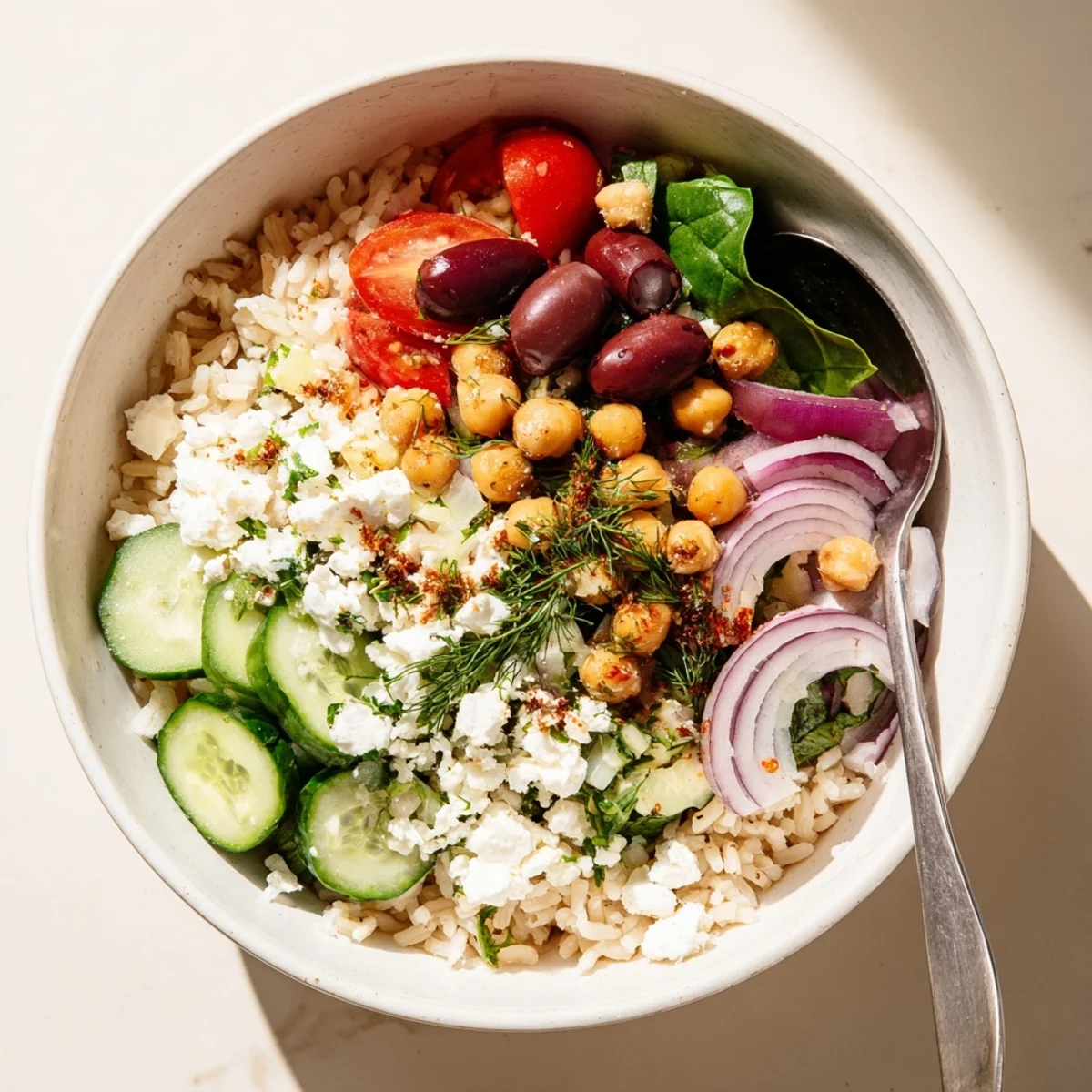 Steaming Mediterranean rice bowl drizzled with lemon herb dressing and vibrant garnishes