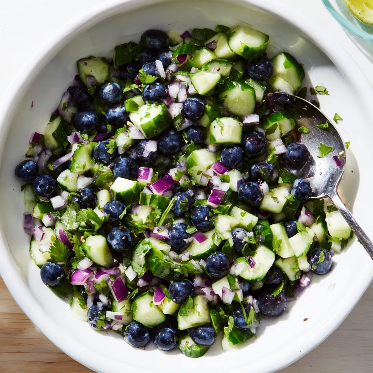 Colorful blueberry cucumber salsa served chilled as a refreshing summer appetizer dip