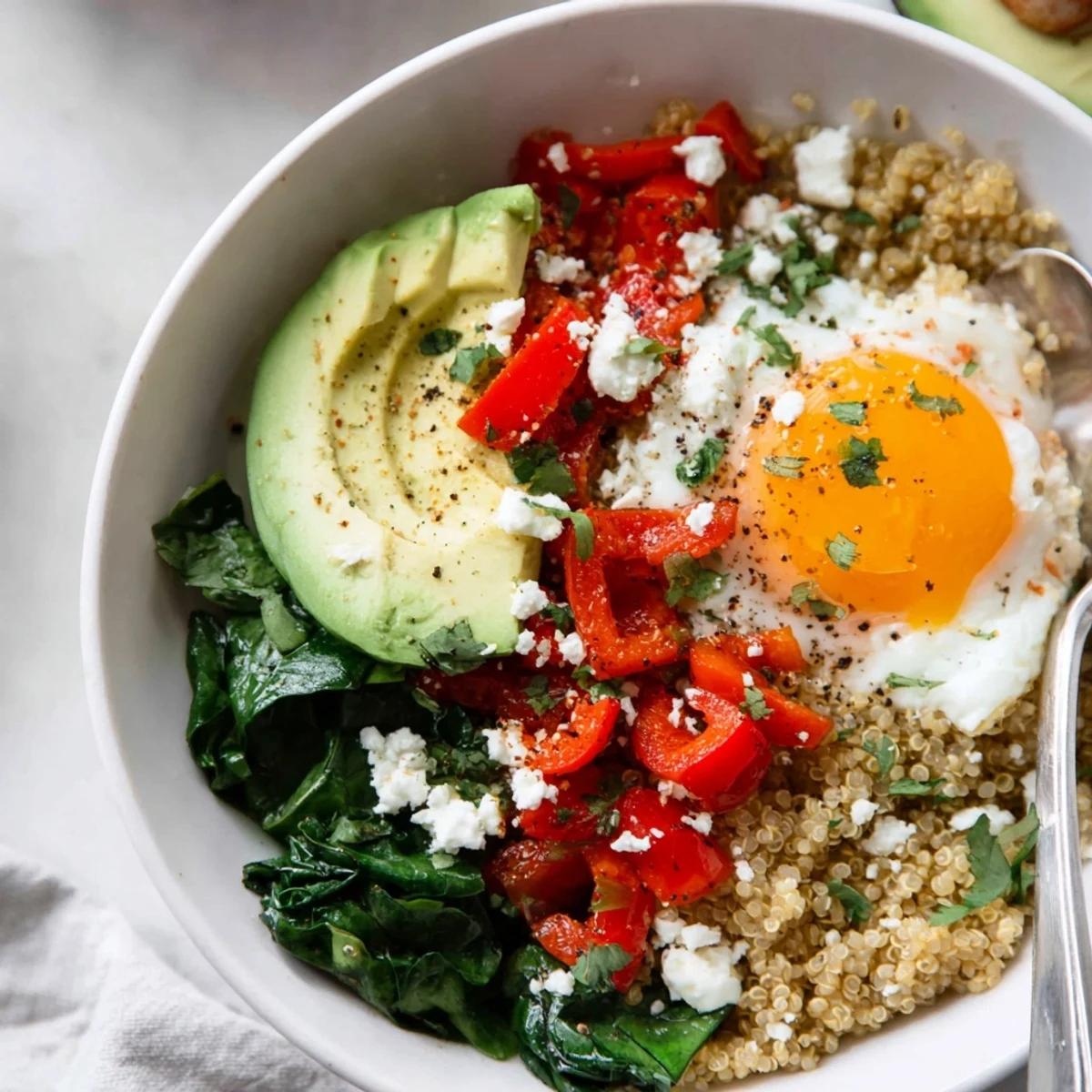 Steaming savory quinoa breakfast bowl served with wilted spinach, juicy tomatoes, and perfectly fried egg