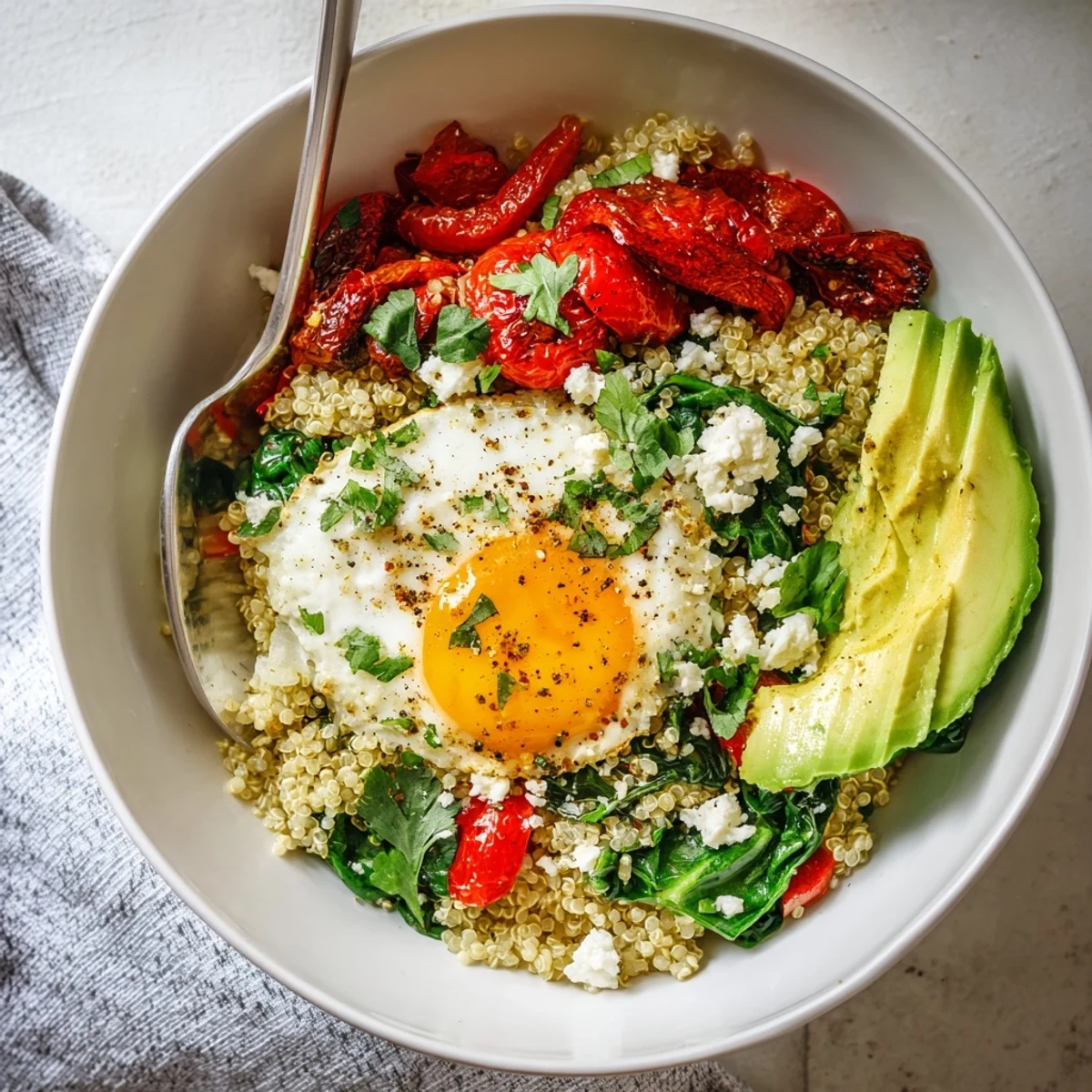Colorful savory quinoa breakfast bowl with sautéed peppers, avocado slices, and crumbled feta