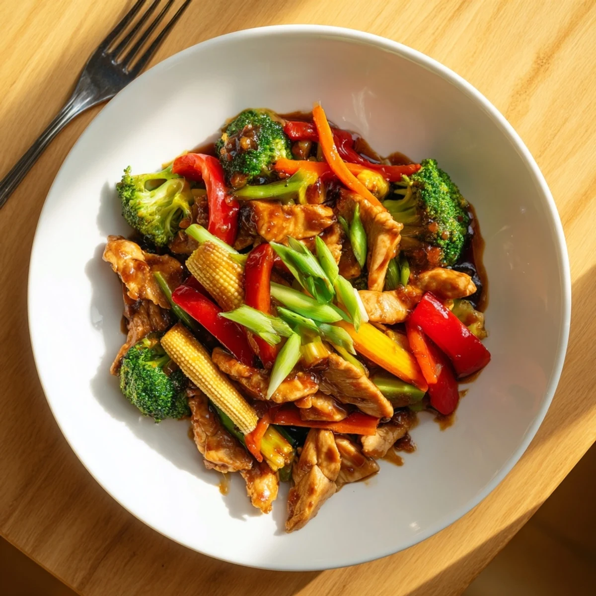 Spicy Hunan Chicken tossed with vibrant bell peppers and broccoli over white rice