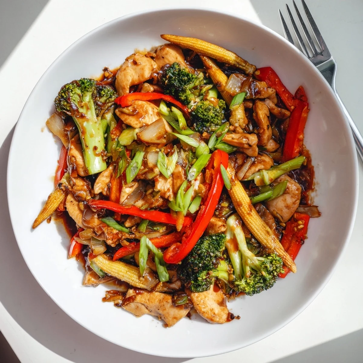Hunan Chicken with glossy sauce and crisp-tender vegetables in a cast iron wok