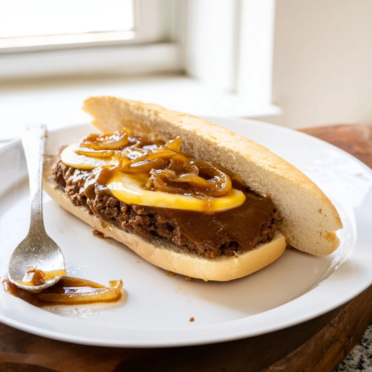 Juicy smothered hamburger steak sandwiches dripping with rich onion gravy on toasted rolls