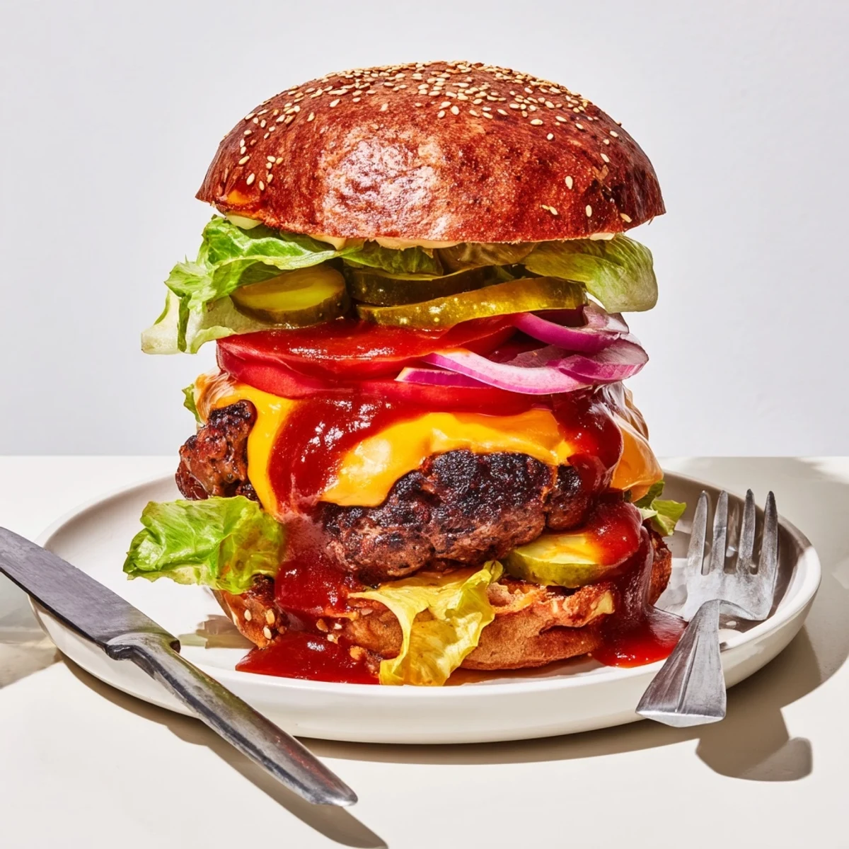 Juicy coffee rub burgers glistening with smoky BBQ sauce on a toasted brioche bun