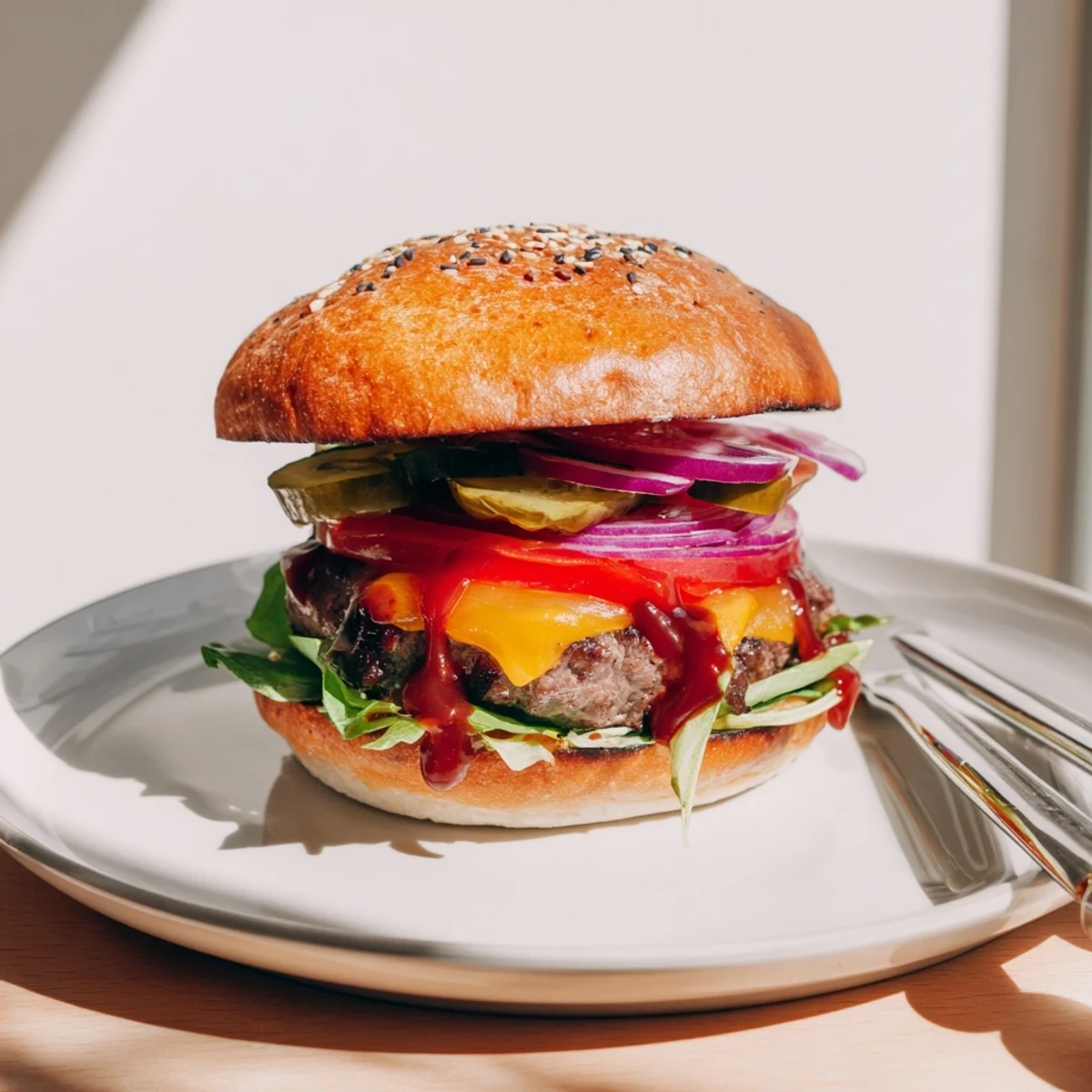 Grilled coffee rub burgers topped with smoky BBQ sauce, pickles, and fresh tomato slices