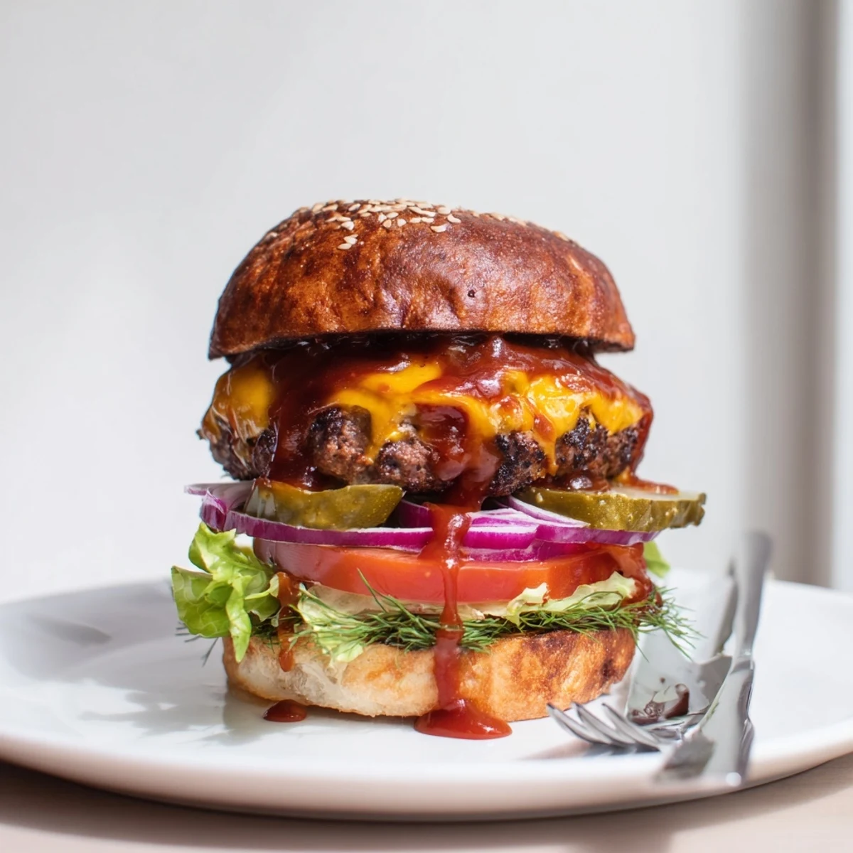 Coffee rub burgers with melted cheddar, crisp lettuce, and tangy smoky BBQ sauce