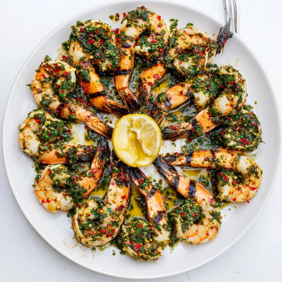Juicy grilled chimichurri shrimp plated on a white dish with parsley garnish