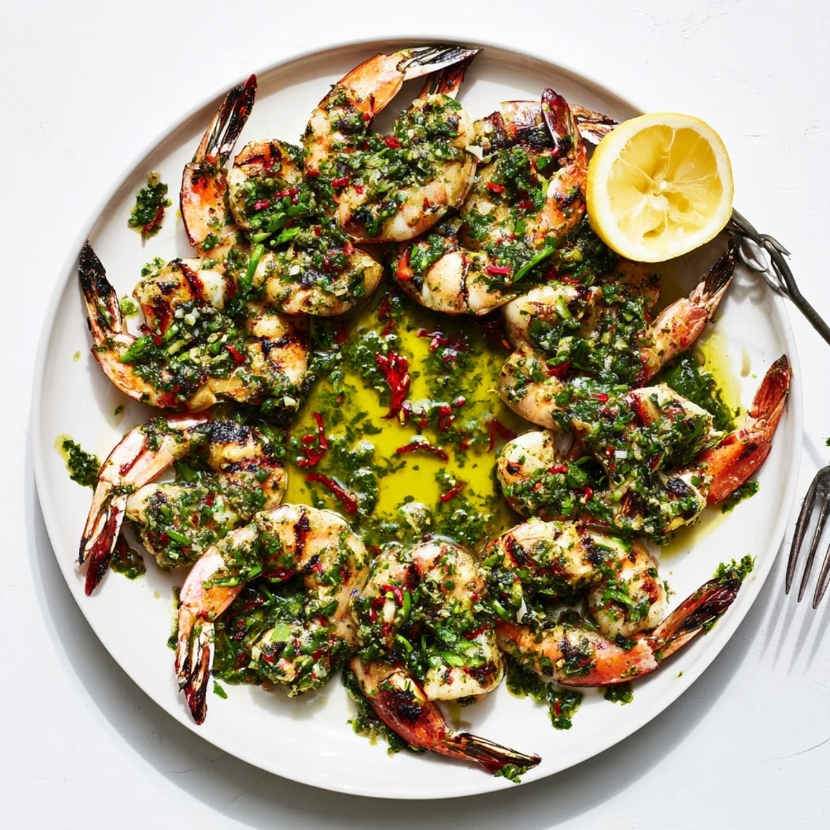 Sizzling chimichurri shrimp skewers fresh off the grill with vibrant green herb sauce