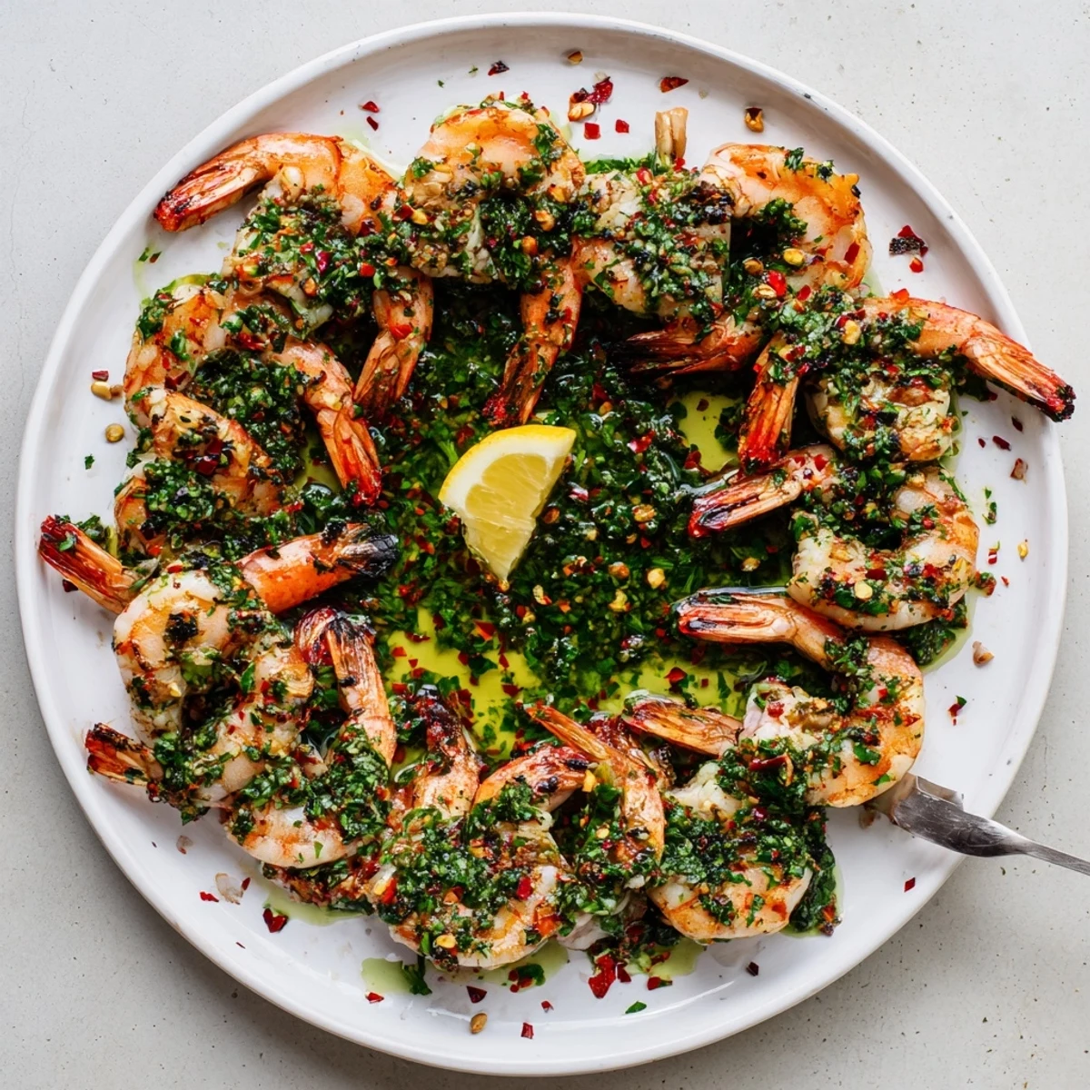 Golden charred chimichurri shrimp drizzled with bright herby sauce ready to serve