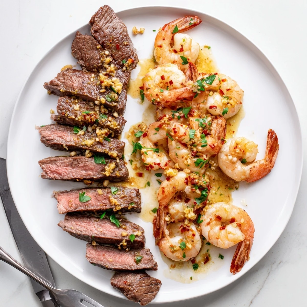 Perfectly seared steak and garlic butter shrimp plated on a white dish with fresh parsley