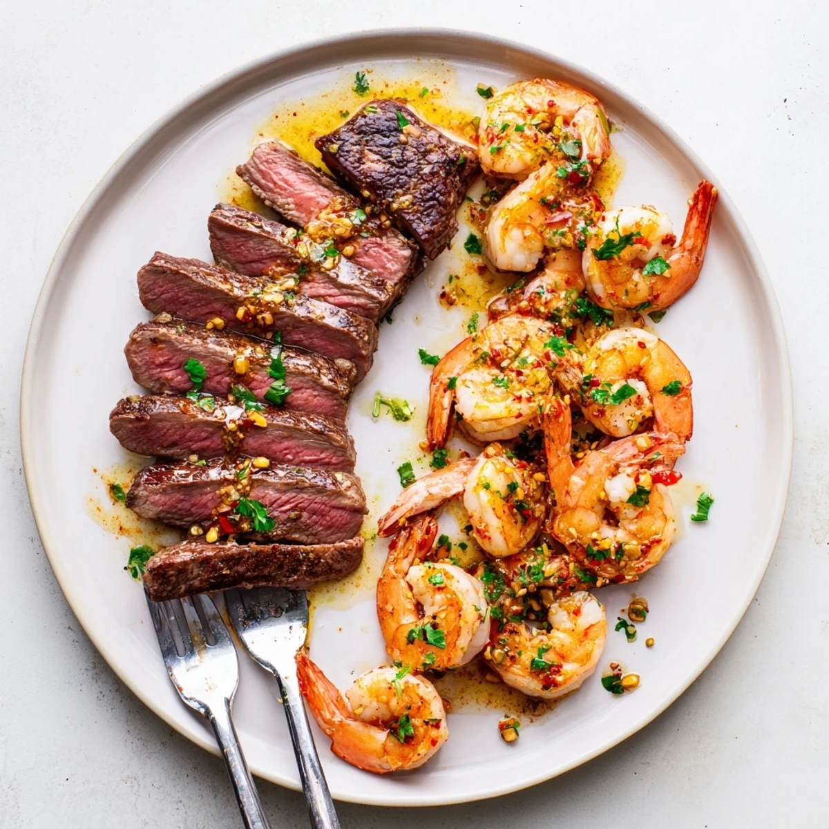 Juicy ribeye steak and garlic butter shrimp glistening in a rich golden pan sauce