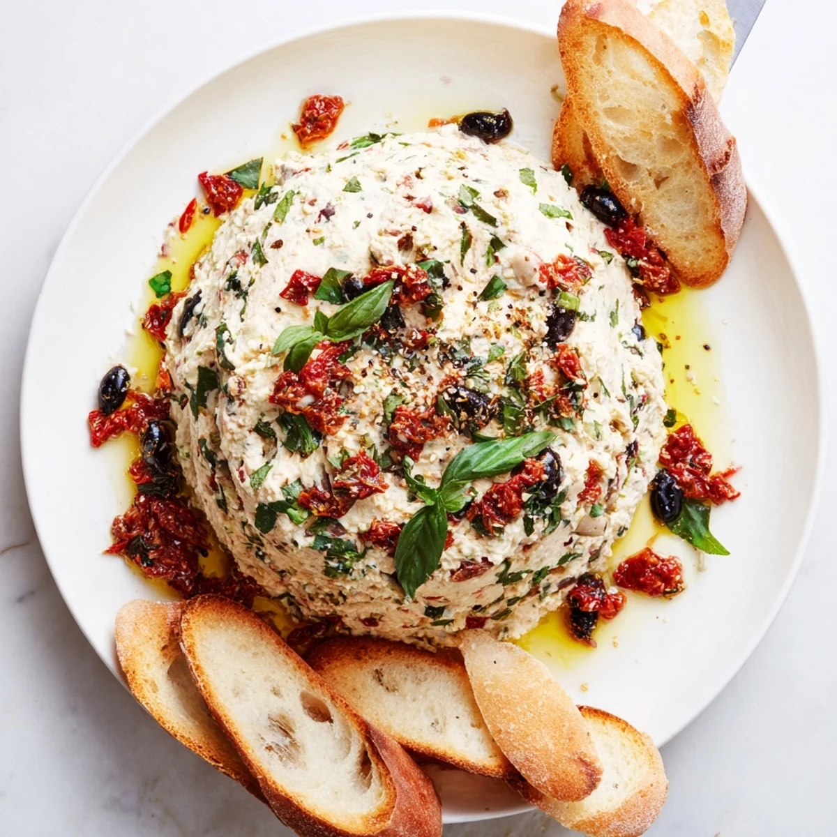 Creamy Italian Style Olive and Cheese Spread served on golden toasted crostini rounds