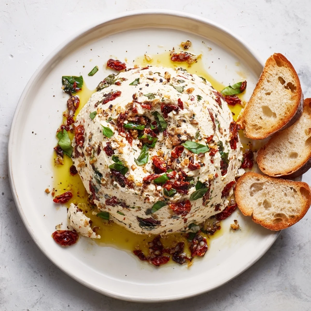 Velvety Italian Style Olive and Cheese Spread topped with fresh basil and cracked pepper