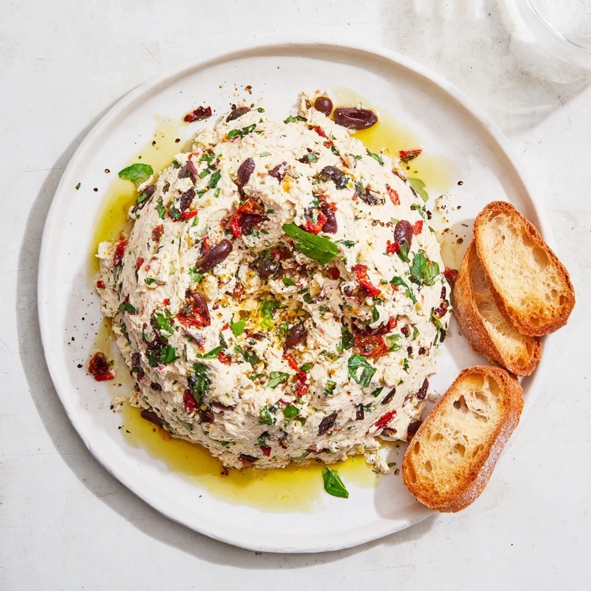 Rustic bowl of Italian Style Olive and Cheese Spread surrounded by crisp crackers and veggies
