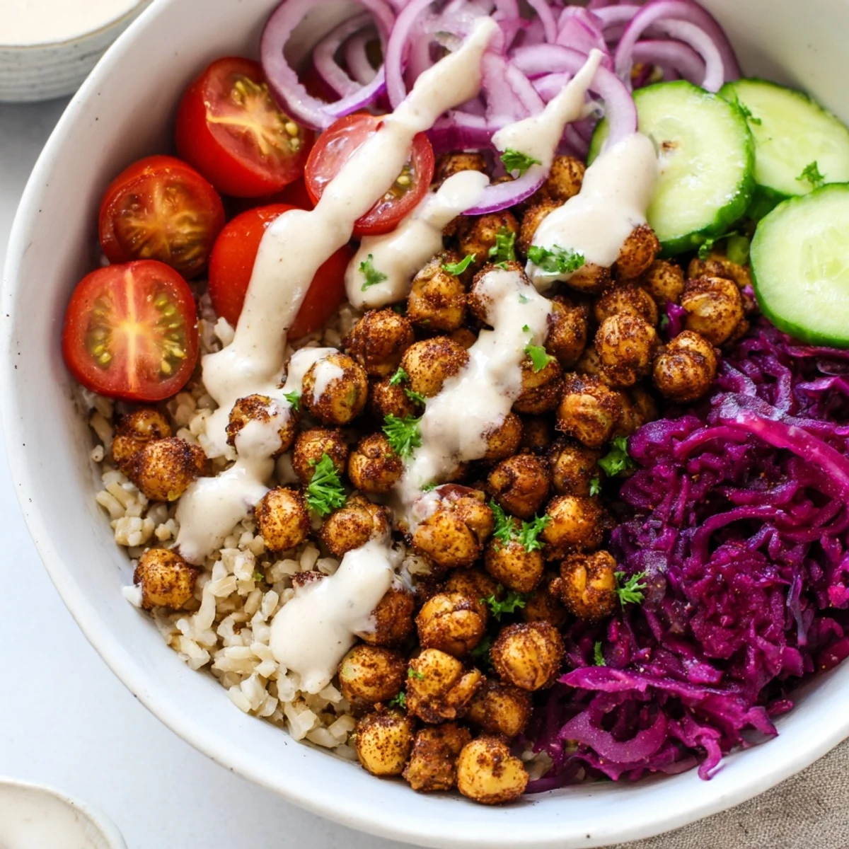 Crispy spiced chickpea shawarma bowl drizzled with creamy tahini over fresh greens