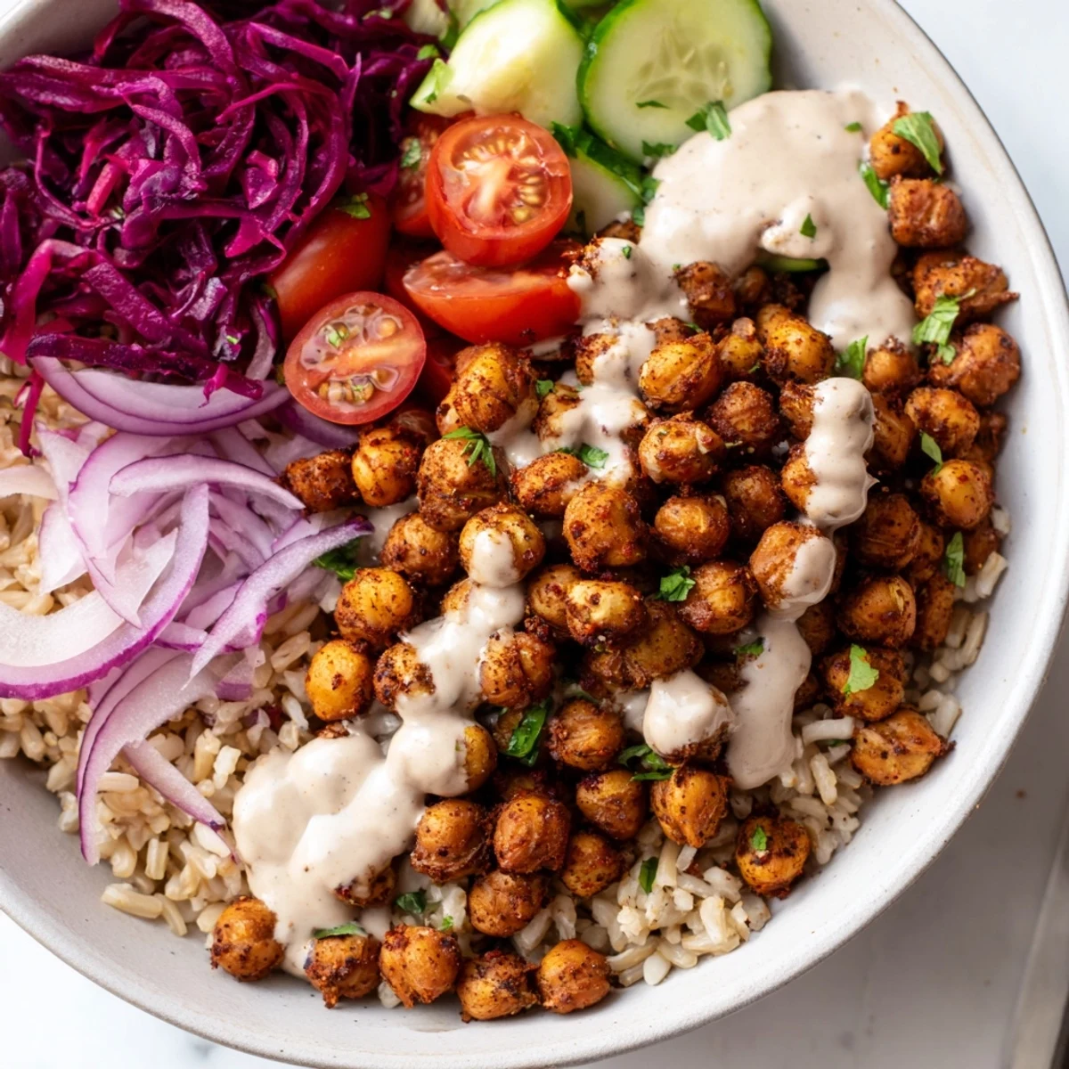 Golden roasted chickpea shawarma bowl topped with pickled vegetables and lemon wedges